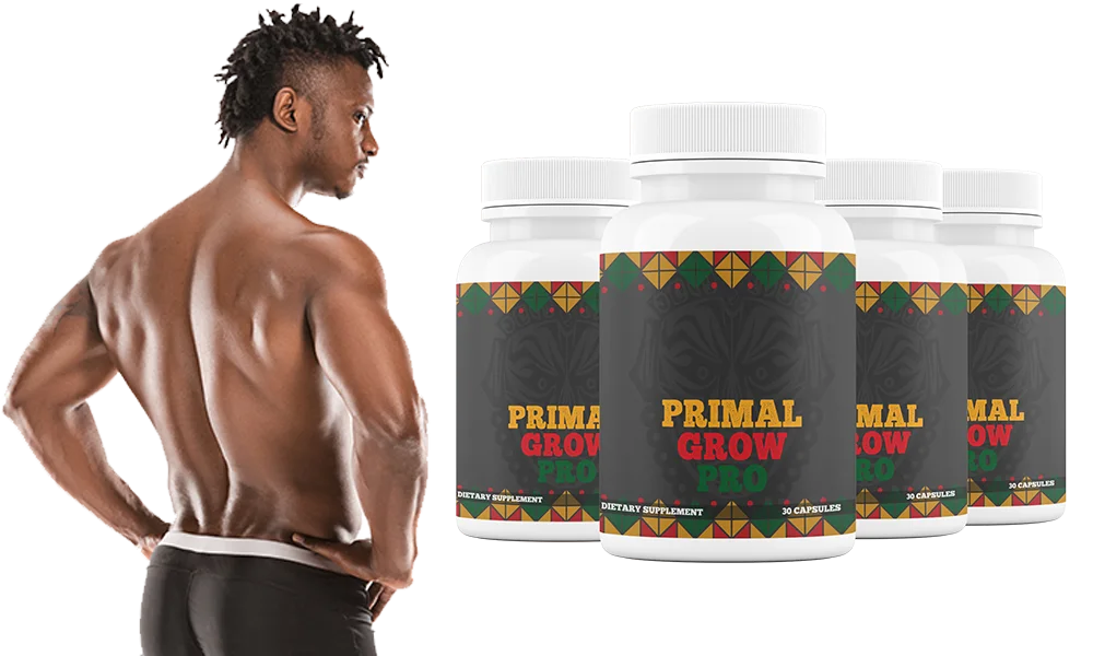 A studio composition supplied with the Primal Grow Pro product pack: a model beside four bottles